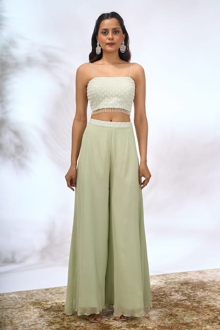 Shop_Samyukta Singhania_Green Georgette Embroidery, Beads Open , Square Floral Jacket Pant Set 