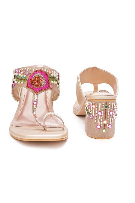 Sole House_Rose Gold Embroidery, Beads, Mirrors Floral Block Heels _Online_at_Aza_Fashions