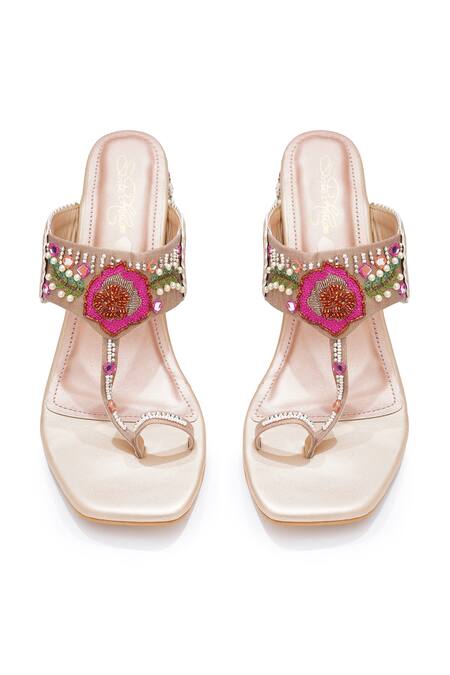 Shop_Sole House_Rose Gold Embroidery, Beads, Mirrors Floral Block Heels _Online_at_Aza_Fashions