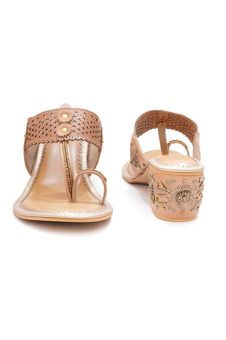Sole House_Beige Embroidery, Studs Dabka And Zari Block Heels _Online_at_Aza_Fashions