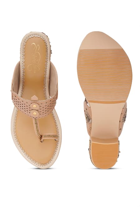 Buy_Sole House_Beige Embroidery, Studs Dabka And Zari Block Heels _Online_at_Aza_Fashions