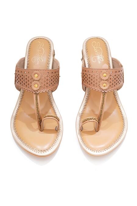 Shop_Sole House_Beige Embroidery, Studs Dabka And Zari Block Heels _Online_at_Aza_Fashions