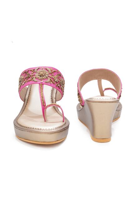 Sole House_Pink Embroidery, Sequins Dabka And Zari Wedge Sandals _Online_at_Aza_Fashions