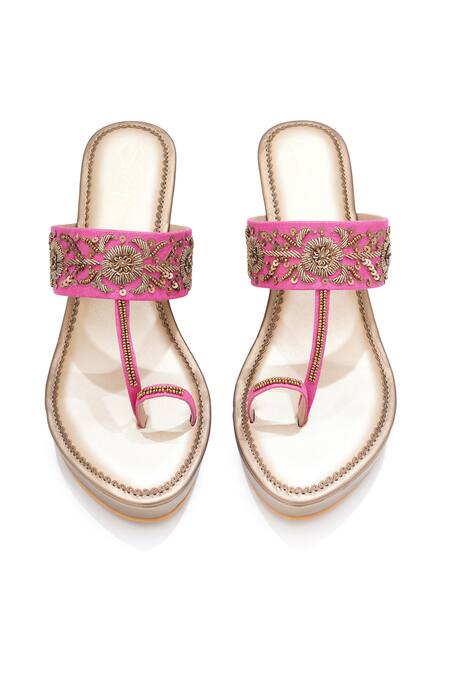 Shop_Sole House_Pink Embroidery, Sequins Dabka And Zari Wedge Sandals _Online_at_Aza_Fashions