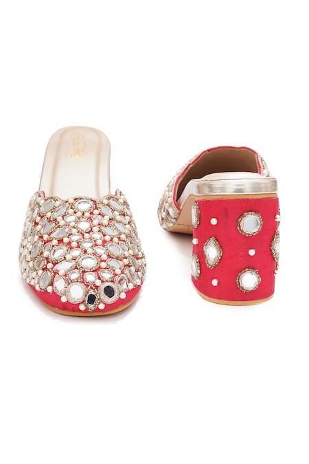 Sole House_Red Embroidery, Mirrors, Stones And Block Heel Mules _Online_at_Aza_Fashions