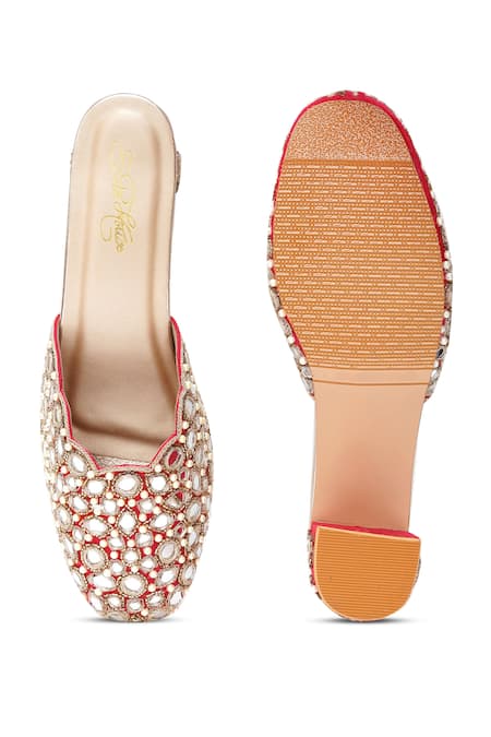 Buy_Sole House_Red Embroidery, Mirrors, Stones And Block Heel Mules _Online_at_Aza_Fashions