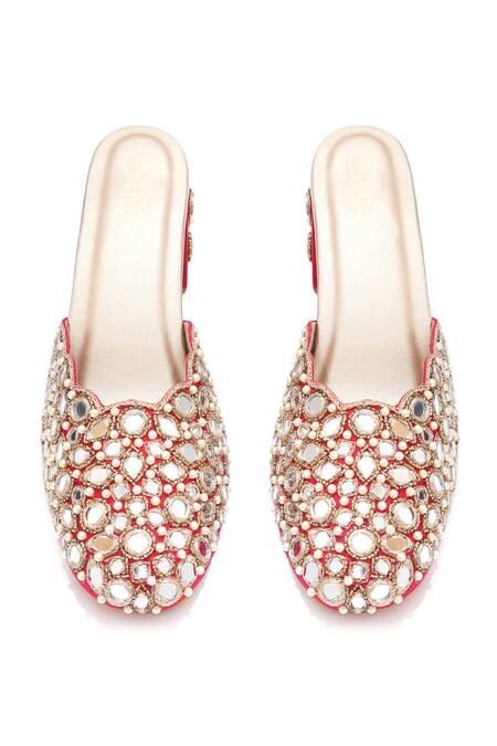 Shop_Sole House_Red Embroidery, Mirrors, Stones And Block Heel Mules _Online_at_Aza_Fashions