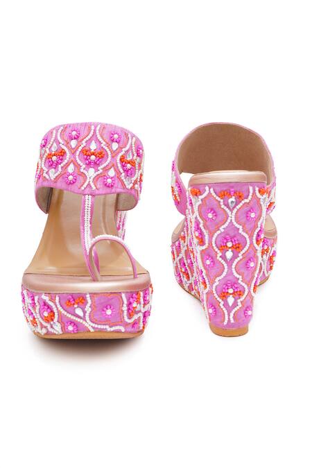 Sole House_Pink Embroidery, Beads Wedge Heels _Online_at_Aza_Fashions