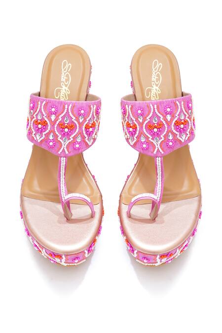 Shop_Sole House_Pink Embroidery, Beads Wedge Heels _Online_at_Aza_Fashions