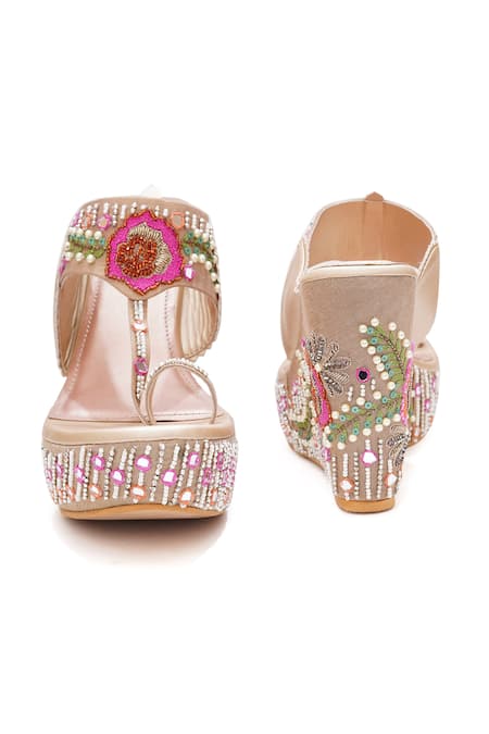 Sole House_Rose Gold Embroidery, Beads, Rhinestones, Sequins And Embellished Wedge Heels_Online_at_Aza_Fashions