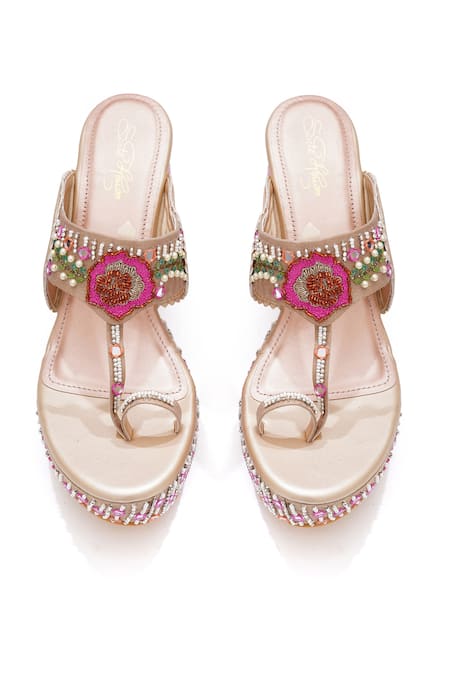 Buy_Sole House_Rose Gold Embroidery, Beads, Rhinestones, Sequins And Embellished Wedge Heels_Online_at_Aza_Fashions