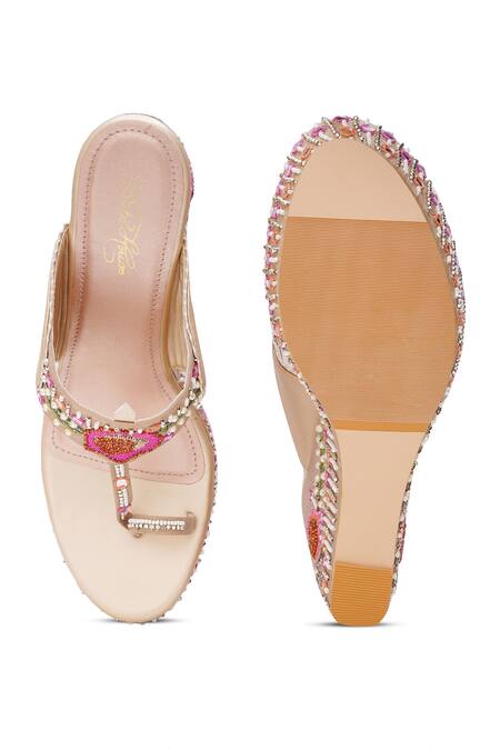 Shop_Sole House_Rose Gold Embroidery, Beads, Rhinestones, Sequins And Embellished Wedge Heels_Online_at_Aza_Fashions