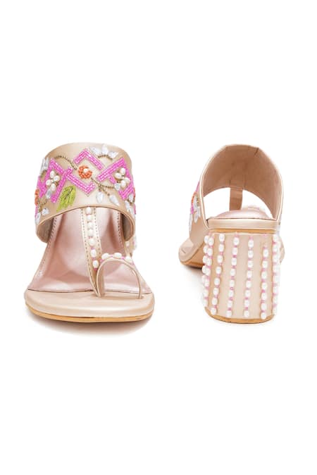 Sole House_Rose Gold Embroidery, Pearls, Beads, Rhinestones Block Heels _Online_at_Aza_Fashions