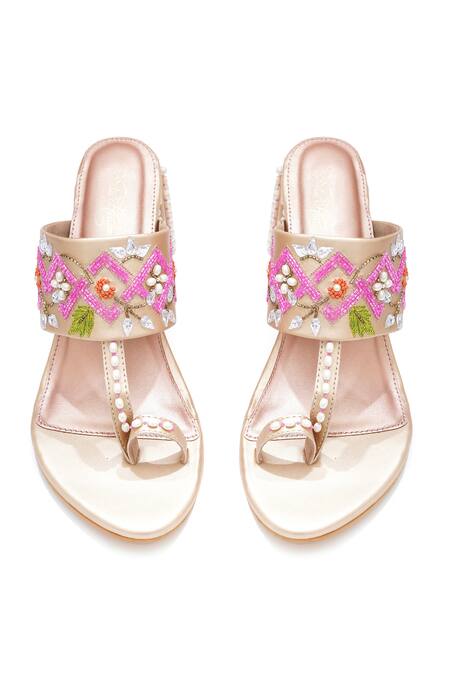 Shop_Sole House_Rose Gold Embroidery, Pearls, Beads, Rhinestones Block Heels _Online_at_Aza_Fashions