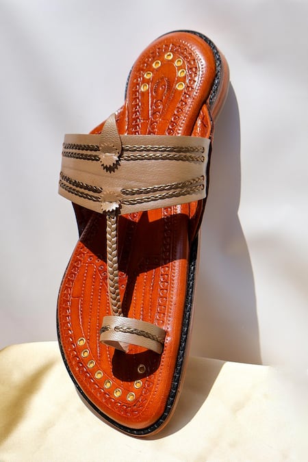 Shradha Hedau Footwear Couture_Tan Studs Aariz Pure Leather Braided Strap Kolhapuri Sandal _Online_at_Aza_Fashions