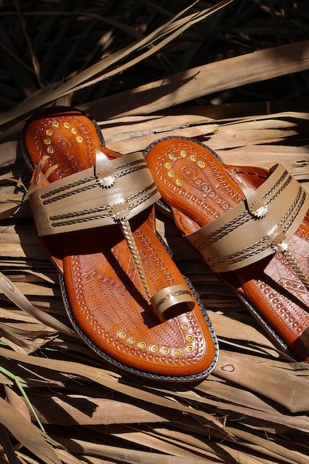 Buy_Shradha Hedau Footwear Couture_Tan Studs Aariz Pure Leather Braided Strap Kolhapuri Sandal _Online_at_Aza_Fashions