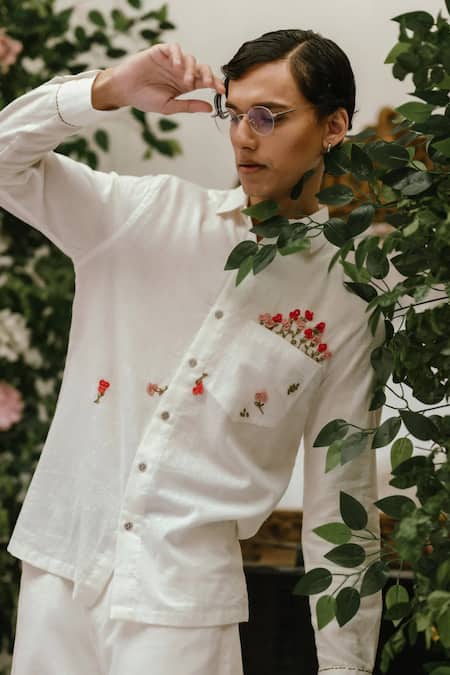 Vaani Beswal_Ivory Handloom Cotton Embroidery Amor Crochet Flower Work Shirt _Online_at_Aza_Fashions