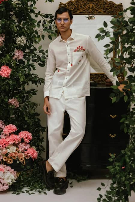 Vaani Beswal Ivory Handloom Cotton Embroidery Amor Crochet Flower Work Shirt