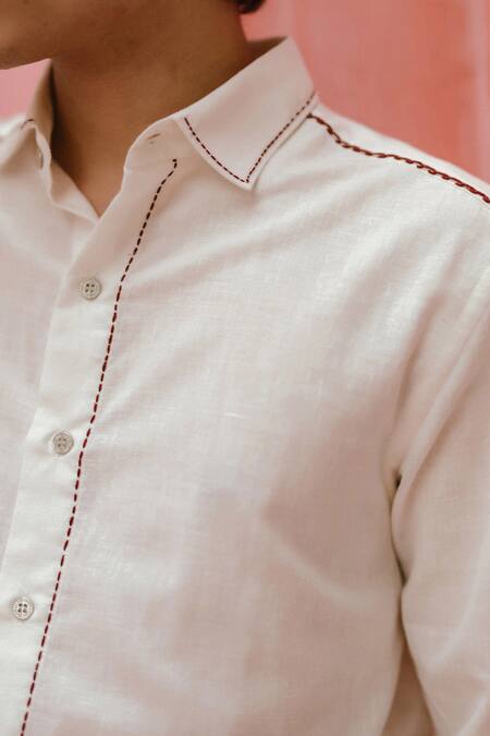 Vaani Beswal_Ivory Handloom Cotton Embroidery Mabel Stitchline Panelled Shirt _Online_at_Aza_Fashions