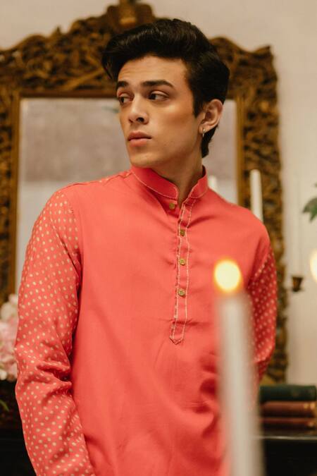 Buy_Vaani Beswal_Red Cotton Darcy Block Print Sleeve Kurta _Online_at_Aza_Fashions