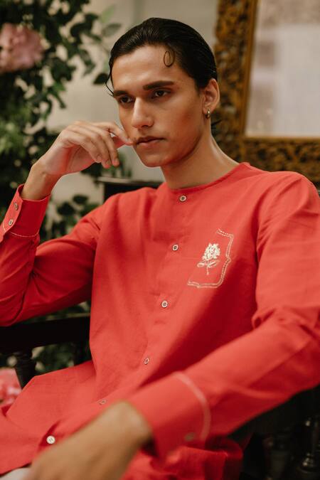 Vaani Beswal_Red Handloom Cotton Embroidery Leon Handwoven Shirt _Online_at_Aza_Fashions