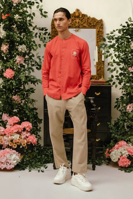 Buy_Vaani Beswal_Red Handloom Cotton Embroidery Leon Handwoven Shirt _Online_at_Aza_Fashions