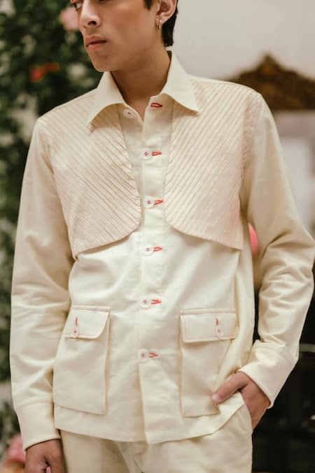 Vaani Beswal Ivory Handloom Cotton Dave Pintuck Jacket Style Shirt Online at Aza Fashions Vaani Beswal_Ivory Handloom Cotton Dave Pintuck Jacket Style Shirt _Online_at_Aza_Fashions