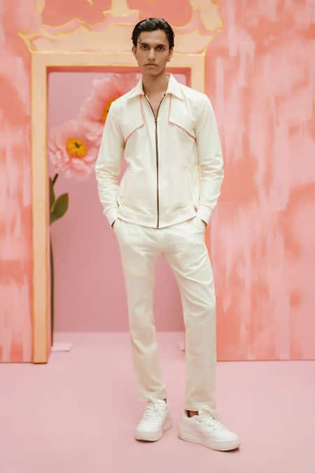 Vaani Beswal Ivory Handloom Cotton Piping Fraze Handwoven Pintuck Jacket 
