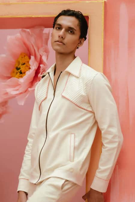 Vaani Beswal_Ivory Handloom Cotton Piping Fraze Handwoven Pintuck Jacket _Online_at_Aza_Fashions