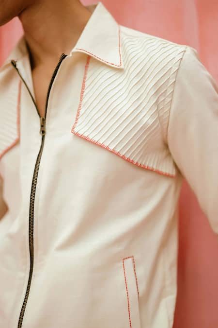 Buy_Vaani Beswal_Ivory Handloom Cotton Piping Fraze Handwoven Pintuck Jacket _Online_at_Aza_Fashions