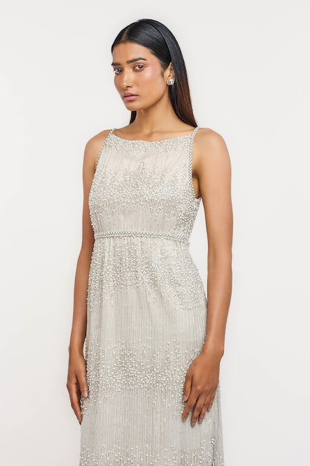 Ott_Ivory Polyester Beads Boat Neck Pearl Cocktail Dress _Online_at_Aza_Fashions