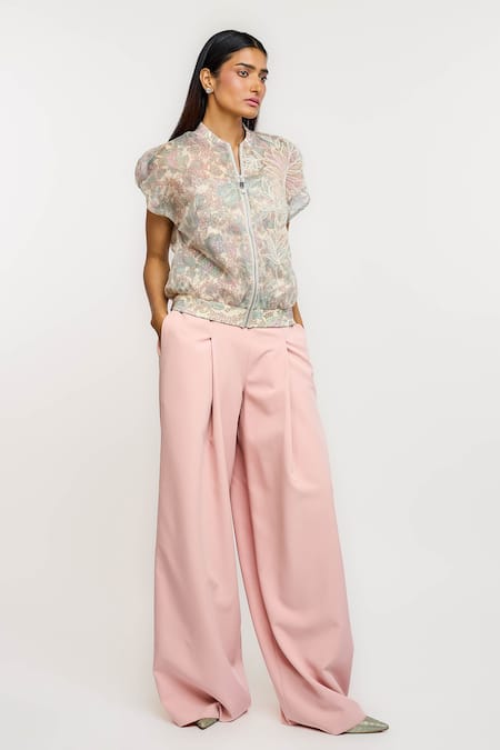 Ott_Ivory Nylon Embroidery Collared The Sheer Floral Bomber Jacket _Online_at_Aza_Fashions