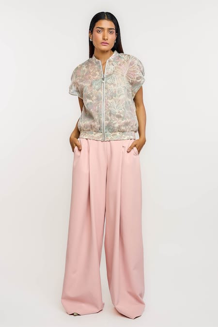 Buy_Ott_Ivory Nylon Embroidery Collared The Sheer Floral Bomber Jacket _Online_at_Aza_Fashions