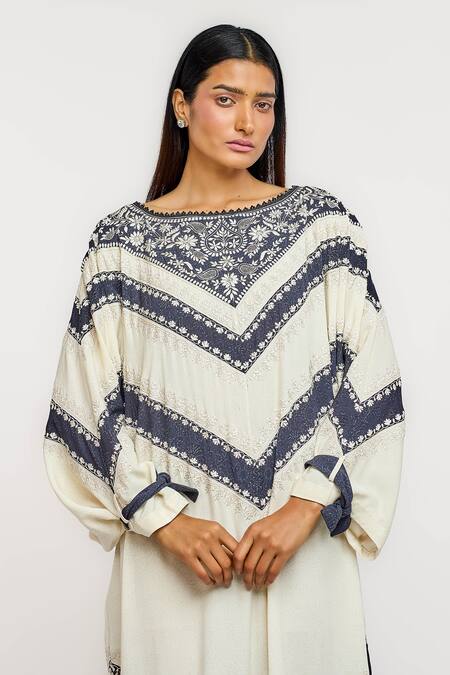 Ott_Ivory Silk Embroidery Round Neck Chikan Resort Kaftan _Online_at_Aza_Fashions