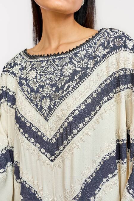 Buy_Ott_Ivory Silk Embroidery Round Neck Chikan Resort Kaftan _Online_at_Aza_Fashions