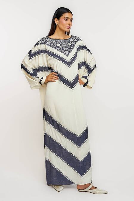 Shop_Ott_Ivory Silk Embroidery Round Neck Chikan Resort Kaftan _Online_at_Aza_Fashions