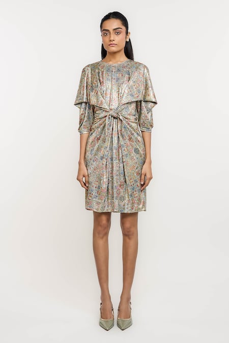 Ott_Multi Color Polyester, Spandex Round Neck Kilim Print Knot Dress _Online_at_Aza_Fashions