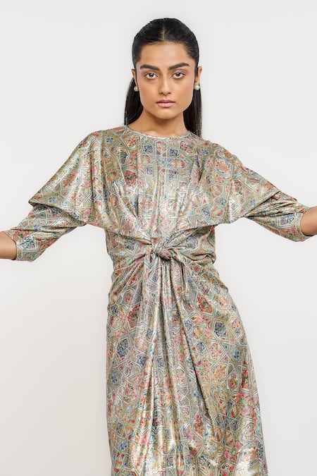 Buy_Ott_Multi Color Polyester, Spandex Round Neck Kilim Print Knot Dress _Online_at_Aza_Fashions