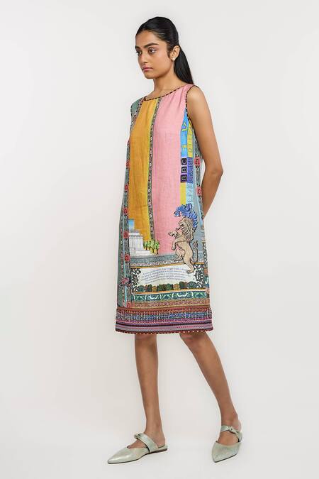 Ott_Multi Color Linen Embroidery Boat Neck Singh Twins Shift Dress _Online_at_Aza_Fashions