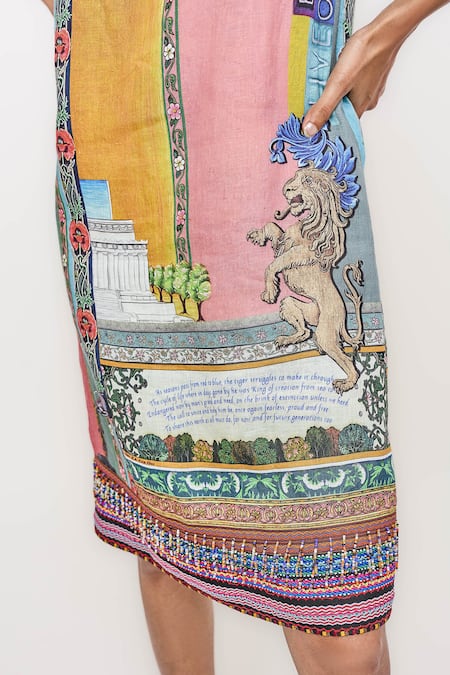 Buy_Ott_Multi Color Linen Embroidery Boat Neck Singh Twins Shift Dress _Online_at_Aza_Fashions