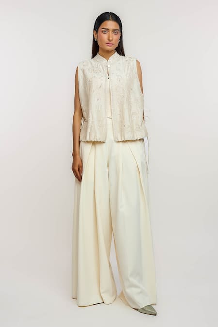Shop_Ott_Ivory Cotton, Silk Mandarin Collar Chikankari Waistcoat _Online_at_Aza_Fashions