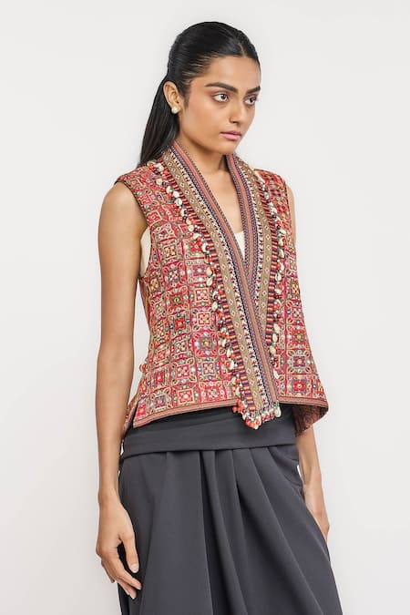 Buy_Ott_Red Cotton, Silk V-neck Kutch Patchwork Gilet Jacket _Online_at_Aza_Fashions
