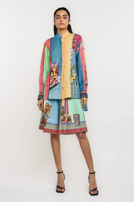 Ott_Multi Color Linen Embroidery Mandarin Collar Singh Twins Shirt _Online_at_Aza_Fashions