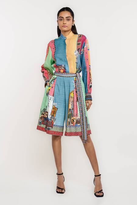 Buy_Ott_Multi Color Linen Embroidery Mandarin Collar Singh Twins Shirt _Online_at_Aza_Fashions