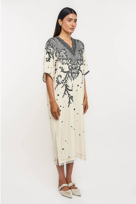 Ott_Ivory Silk Embroidery V-neck Dress _Online_at_Aza_Fashions