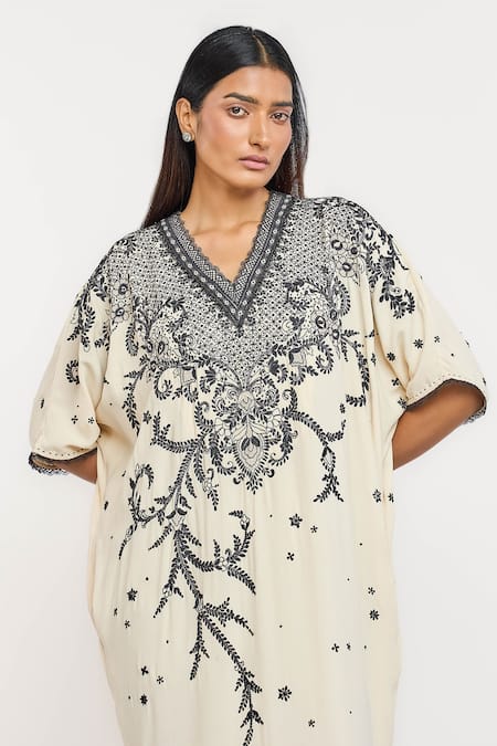 Buy_Ott_Ivory Silk Embroidery V-neck Dress _Online_at_Aza_Fashions