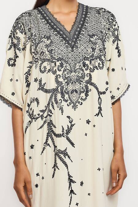 Shop_Ott_Ivory Silk Embroidery V-neck Dress _Online_at_Aza_Fashions