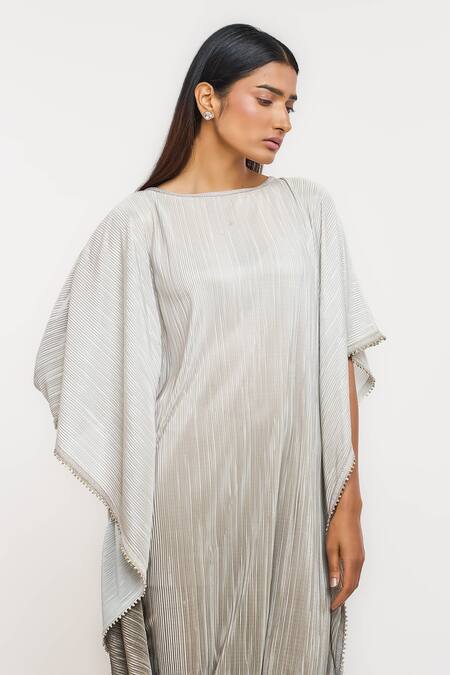 Ott_Gray Polyester Embroidery Round Neck Crinkle Dress _Online_at_Aza_Fashions
