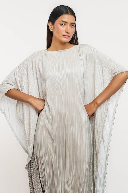 Buy_Ott_Gray Polyester Embroidery Round Neck Crinkle Dress _Online_at_Aza_Fashions