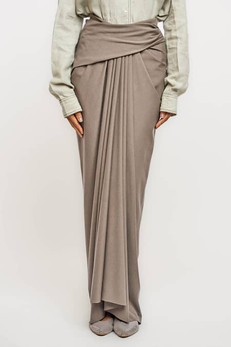 Ott_Gray Viscose, Spandex Draped Skirt _Online_at_Aza_Fashions
